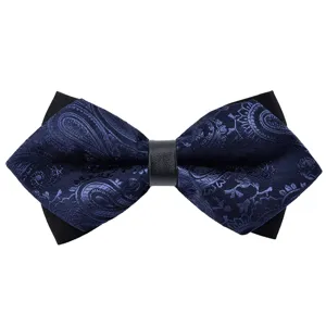 Men's navy blue paisley bow tie with black double layer pointed design and leather style knot.