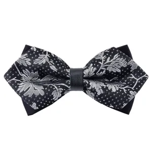 Black silver floral pointed bow tie for men wedding suit groom formal fashion accessory