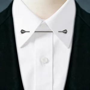 Closeup detail of a stylish silver metal collar pin bar for men's dress shirts. Perfect fit.