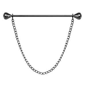 Black metal shirt collar pin detail with rhinestone tips and hanging chain for men style.