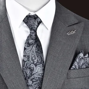 Men's retro paisley pattern zipper tie set with pocket square in black and gray style.