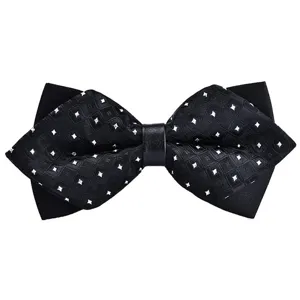 Black double-pointed bow tie with geometric pattern detail for formal men's suit wedding attire.