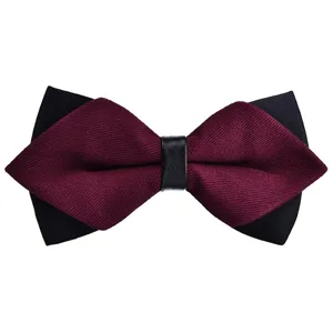 Detail view of men's double-layer sharp-corner bow tie in burgundy and black for suits.