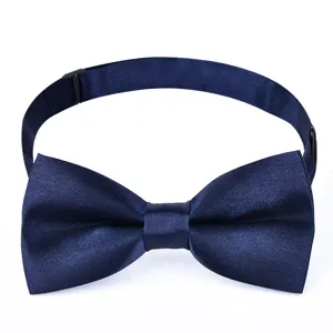 Navy blue satin bow tie for kids, classic adjustable formal neckwear for school events.