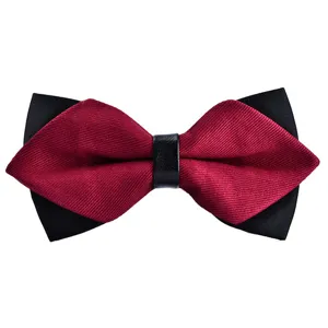 Men's burgundy and black two-tone pointed bow tie for wedding suits and formal menswear.