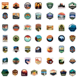 Detailed view of outdoor national park waterproof stickers, perfect for luggage and laptops.