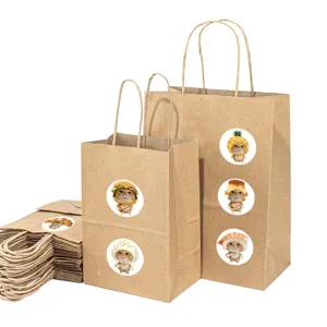 Kraft paper gift bags with cute cat food stickers, perfect for party favors and retail packaging.