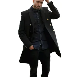 Men winter thickened wool coat double breasted trench jacket warm outerwear black apparel