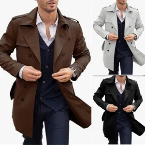 Dettagli del trench da uomo doppiopetto con colletto classico in diverse varianti di colore.