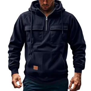 Men's casual fleece half-zip hooded sweatshirt with tactical pockets and stylish patch.