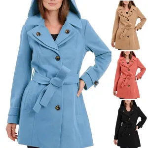 Women winter hooded thickened wool coat mid-length trench coat with belt and multi-buttons