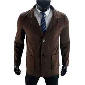Brown corduroy blazer detail view, men casual suit jacket with lapel collar and buttons.