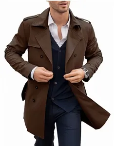 Vista dettagliata del trench doppiopetto classico da uomo per la moda autunnale.