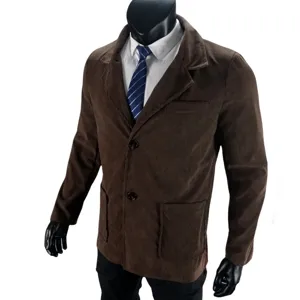 Men's casual brown corduroy blazer jacket paired with white dress shirt and tie detail