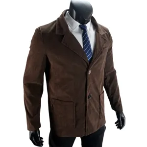 brown corduroy blazer detail view, notch lapel men casual suit jacket close-up look