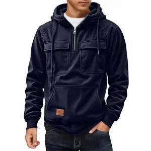 Men's corduroy zip hoodie with dual chest pockets and comfortable casual fit style.