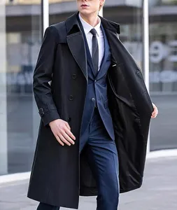 Mens long black trench coat classic double breasted outerwear for spring autumn stylish design