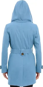 Women's blue hooded wool trench coat with belt and buttons, medium long winter outerwear.