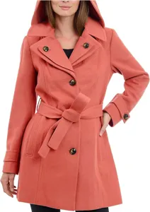Women hooded wool blend coat mid length winter outwear with belt and button details.
