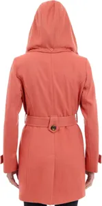 Women's hooded wool blend trench coat mid-length winter warm outerwear with belt and buttons