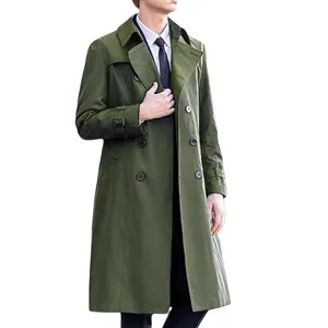 Detailed view of the dark green long trench coat for men, featuring double-breasted lapel design.