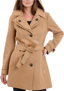 Close-up detail of the stylish camel hooded wool coat featuring a matching belt and buttons.