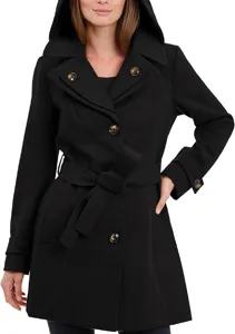 Close-up of elegant black hooded coat featuring chic double-breasted buttons and matching belt.