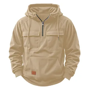 Men corduroy half zip hooded sweatshirt casual tactical multi pocket pullover jacket