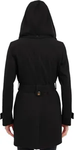 Black mid-length hooded wool coat for women, featuring a stylish back belt and buttons.