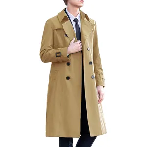 Classic double-breasted long trench coat detail featuring elegant lapel and adjustable cuffs.