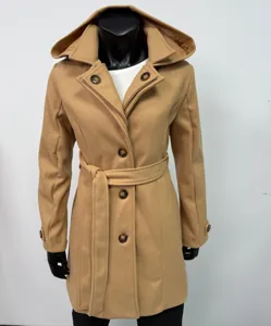 Close-up detail of the camel hooded woolen coat showcasing front button and belt design.
