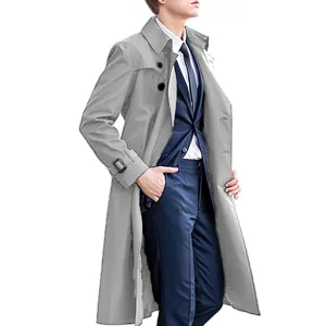 Men's long grey trench coat detail view, classic lapel design and belted cuffs for business.