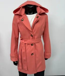 Women's mid-length woolen hooded coat with belt and buttons, elegant winter outerwear detail view.