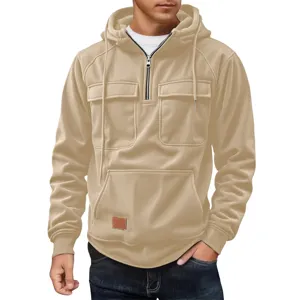 Corduroy quarter-zip hoodie for men, casual tactical long sleeve sweatshirt with multiple pockets.