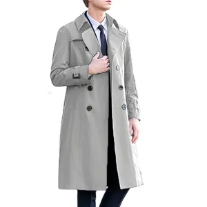 Close-up detail of the classic double-breasted grey trench coat lapel and sleeve design.