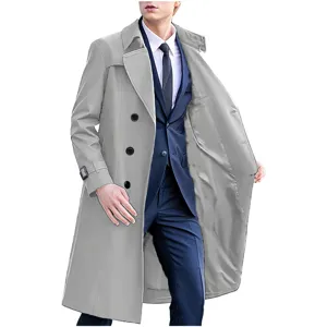 Men's long trench coat spring autumn casual lapel double breasted stylish windbreaker jacket.