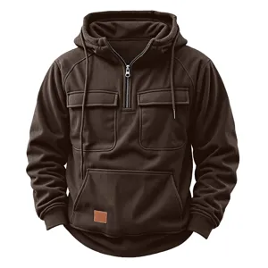 Men's brown corduroy hoodie with half zipper, multiple pockets and stylish casual design.