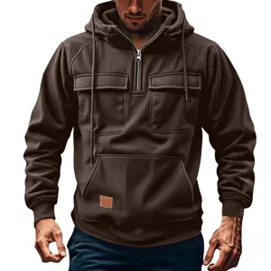 Men's brown corduroy quarter zip hooded sweatshirt casual outdoor multi pocket outerwear top