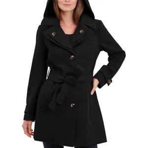 Women black hooded wool coat winter trench jacket with belt and buttons for daily wear.