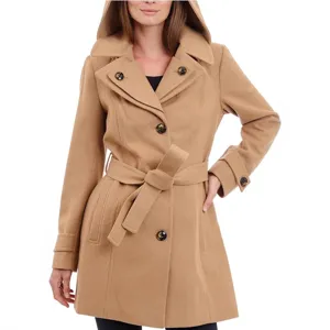 Womens hooded wool blend coat camel mid-length trench jacket winter warm outerwear