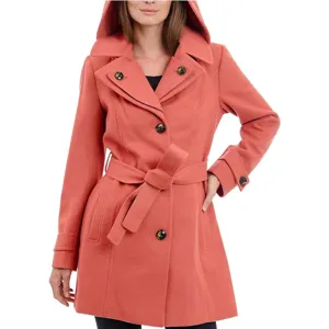 Womens mid-length hooded wool blend coat with belt and buttons, perfect for autumn and winter.