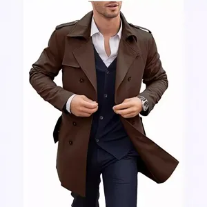 Trench da uomo doppiopetto elegante autunno primavera casual giacca marrone lunga
