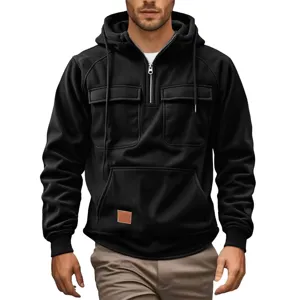 Men's casual black hooded sweatshirt featuring quarter zipper and multiple chest pockets.