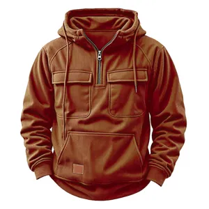 Men's Corduroy Hooded Half Zip Sweatshirt Casual Multi Pocket Autumn Winter Outerwear