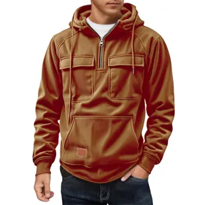 Men corduroy quarter zip hoodie winter casual hooded sweatshirt with multiple pockets