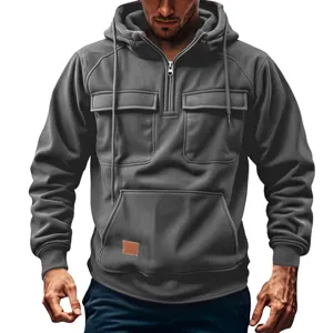 Men's casual hooded sweatshirt jacket with quarter zip, multi pockets and textured fabric.