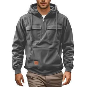 Men tactical corduroy quarter zip hoodie with multi pockets casual winter outerwear.