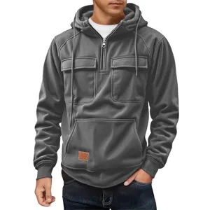 Dark grey corduroy hoodie detail, zip up with double chest pockets, casual menswear.