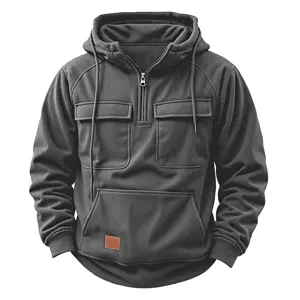 Men casual hooded sweatshirt with half zipper and multi pockets for autumn winter outdoor.