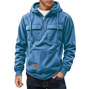 Men's Casual Corduroy Hooded Hoodie Autumn Winter Half Zip Multi-Pocket Jacket Detail
